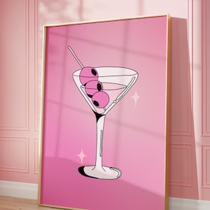 Martini, Espresso Martini, 'Tini Time, Dirty Martini Retro Wanddekor, rosa Illustration, Doodle Cocktail Preppy Decor Bar Cart Wohnheim Dekor