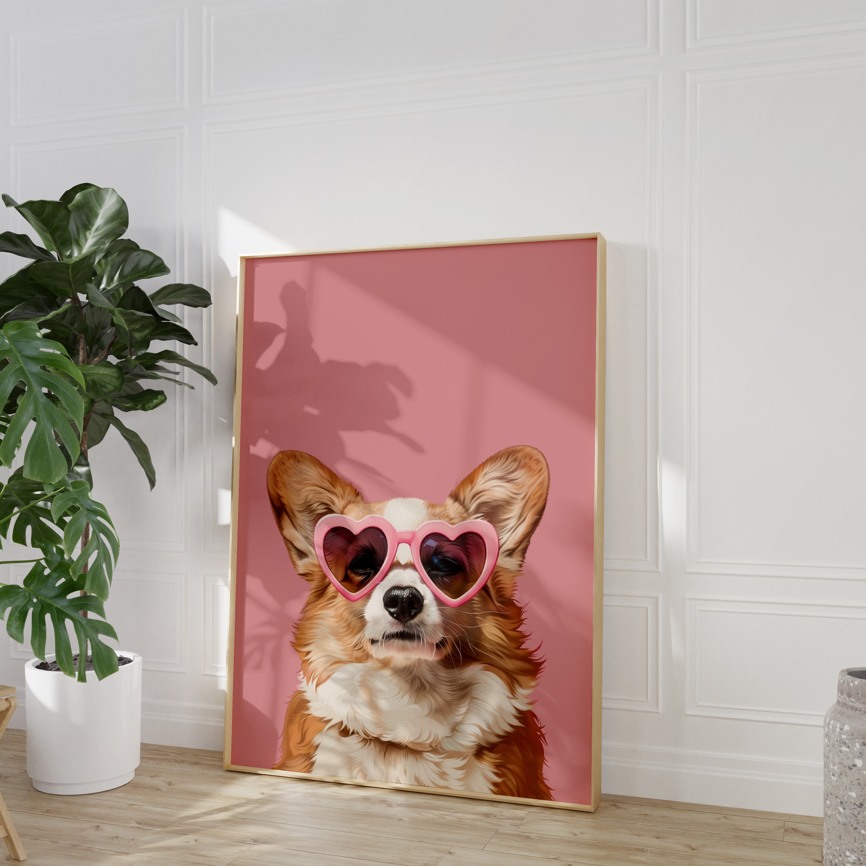 ピンクのコーギーアートプリント：ファンキーな犬のポスター、子供部屋