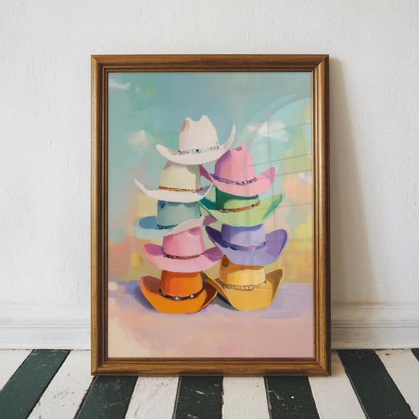 Arte mural estético con sombrero de vaquera, decoración de dormitorio vaquera, póster descargable digital Western, decoración estética de habitación vaquera preppy, arte mural rústico
