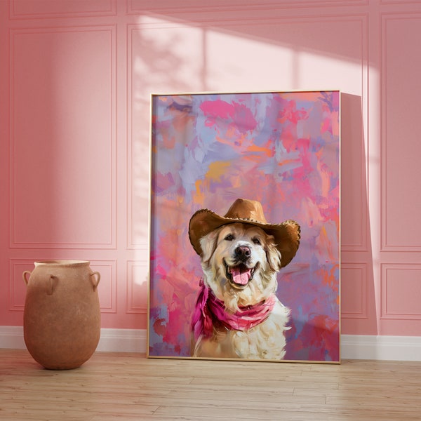 Dog Cowgirl Hat Print, Pink Print, Vintage Art, Western Girly Preppy Trendy Wall Art, Puppy Print, Cowgirl Hat Print, Funky Western Art