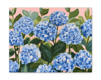 Blue Hydrangea Painting Printed Canvas, Preppy Hydrangea Decor