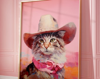 Roze kat cowgirl hoed kunstprint, funky western decor (digitale download)