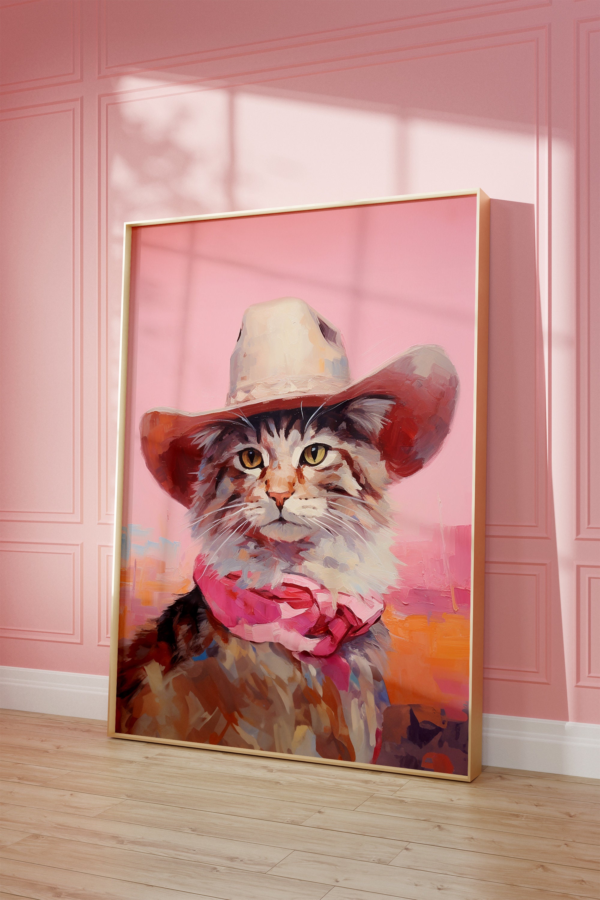 Cat Cowgirl Hat Pink Art Print, Funky Western Decor (digital  display picture 1