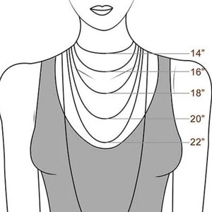 May include: Diagram showing different necklace lengths on a model, ranging from 14 inches to 22 inches.