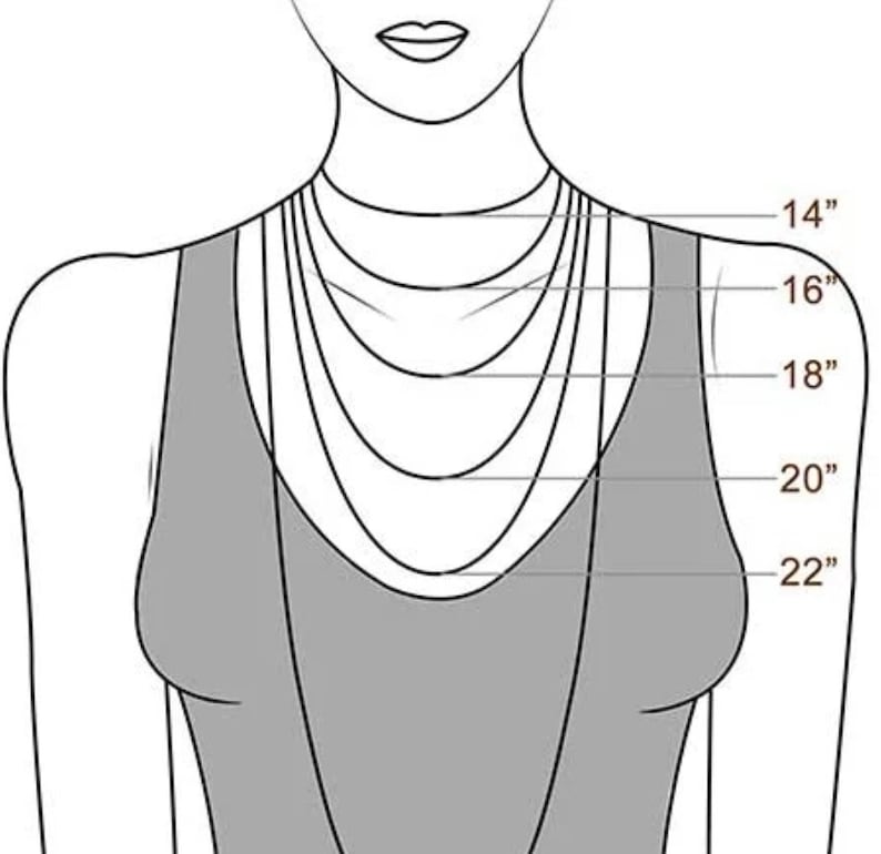 May include: Diagram showing different necklace lengths on a model, ranging from 14 inches to 22 inches.
