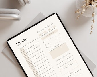 May include: A white digital planner with a black and white grid layout. The planner has a section for "Top 3 Priorities", "Reminder", "Mental Health Check-In", "Financial Goals", and "Notes". The planner also has a section for scheduling tasks with time slots from 6:00 am to 11:00 pm.