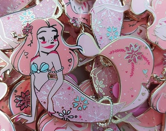 Pink Snowflake Christmas Mermaid 2.5 inch Hard Enamel Pin limited edition
