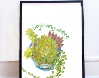 8.5x11" Digital Download; Begin Anywhere, Succulents, Start Now, Inspirational Quote Digital Download