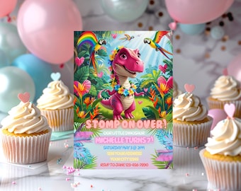 Pink Dinosaur Birthday Invitation: Girly Dino Party Template (Digital Download)