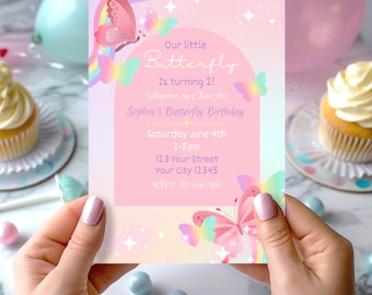 Rainbow Butterfly Birthday Invitation Template (Digital Download)