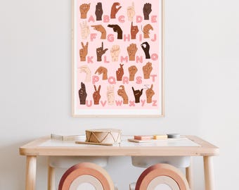 Póster del alfabeto ASL / Impresión artística educativa para el aula Póster de lenguaje de señas