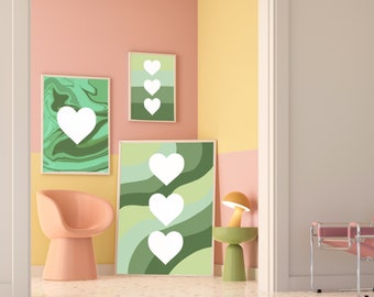 Sage Green Heart Poster Set, Girly Room Decor (Digital Download)