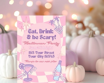 May include: A pink and white chequered invitation with a skeleton holding a drink and a bottle. The invitation reads "Eat, Drink & be Scary! Halloween Party 9pm-Midnight 123 Your Street Your City 12345 Rsvp to 486-7890"