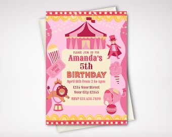 Invitación de cumpleaños de Carnaval Rosa: Tema de Circo Pastel (Descarga Digital)