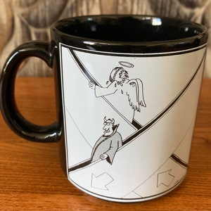 Vintage The Far Side - Gary Larson - Black with Devil and Angel on Escalator Humorous Comic Satire Ceramic Coffee Mug