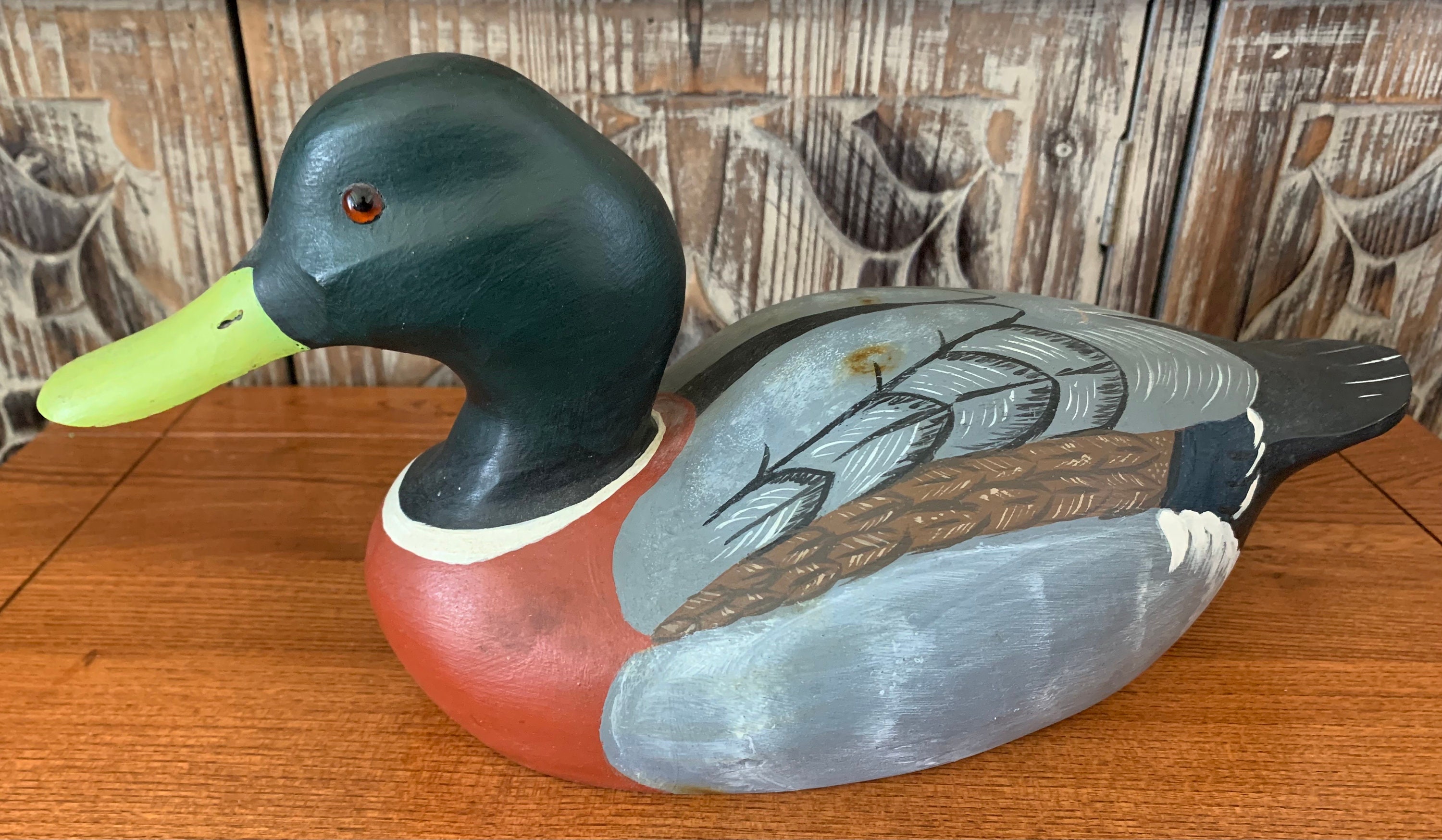 Vintage Mallard Hand Carved Green Headed Large Male Duck/water