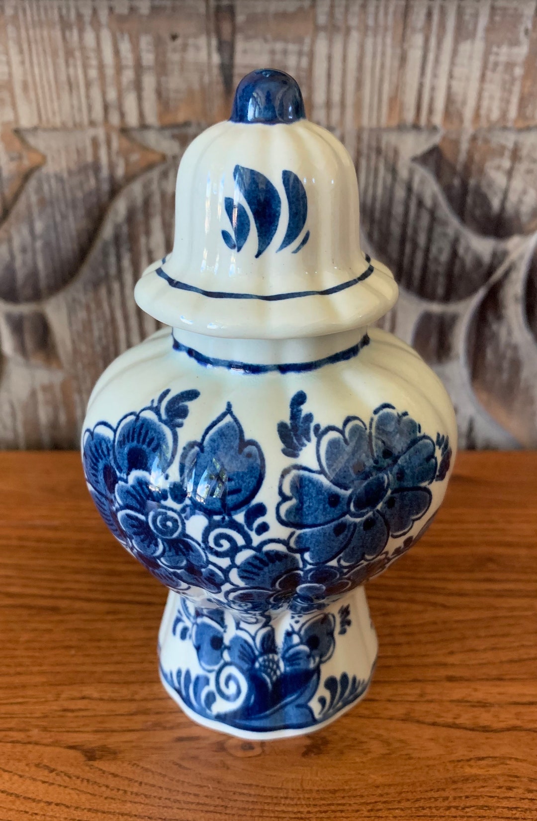 Vintage Holland Blue Delfts Ginger Jar With a Peony Roses Design