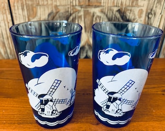 Vintage Cobalt Blue Hazel Atlas Windmill Patterned Juice/Water Pint Glasses