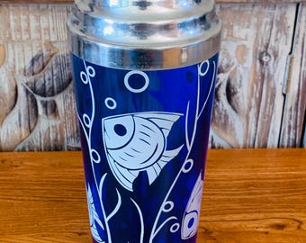 Vintage Hazel Atlas Cobalt Blue Glass Cocktail Shaker with Angel Fish/Sportsman Series Design and Stainless Steel Lid - No Cap