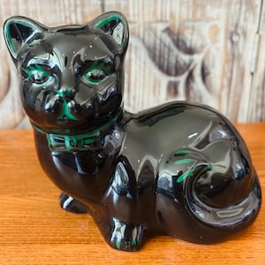 Vintage Glossy Black Ceramic Cat/Kitten Hand Painted Figurine with Green Eyes