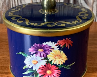 Vintage Floral Embossed COTE D’OR Blue Tin Canister with Gold Accents and Knobbed Lid