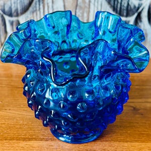 Fenton Blue Hob-Nail Glass Vase/Candy Dish with a Beautiful Ruffled Edge