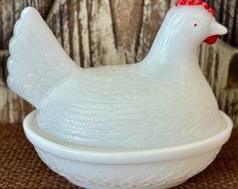Vintage Hen on a Nest Small Milk Glass Covered Dish