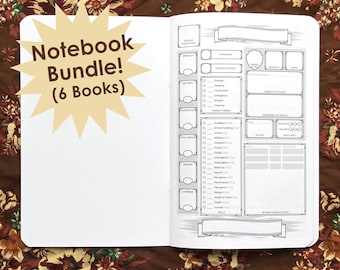 May include: A black and white notebook bundle with a starburst sticker that says "Notebook Bundle! (6 Books)". The notebook has a character sheet for role-playing games.