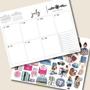 May include: A white weekly planner page for July with a grid layout, a checklist, and the text "july" and "TWENTY TWENTY SIX". Beneath it is a sticker sheet featuring colorful illustrations of books, coffee cups, flowers, and people reading.