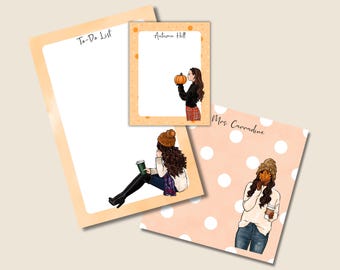 May include: Three stationery sheets featuring autumn-themed illustrations. One sheet is a To-Do List with a person sitting in a knit hat and sweater. Another is labeled Autumn Hill with a person holding a pumpkin. The third says Mrs. Carradine with a person holding a leaf.