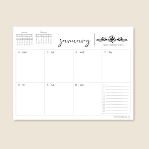 May include: A white weekly planner page for January 2027 featuring a black ink header with the word january, a floral flourish, and the text twenty twenty seven. The grid includes days from Monday the 4th to Sunday the 10th with a checklist column.