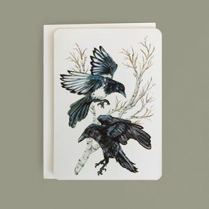 Cartão de felicitações Magpie & Raven - "Corvids" A6 - Desdobrável - Em branco por dentro - Feito por artista - Qualidade Giclée / Arquivo