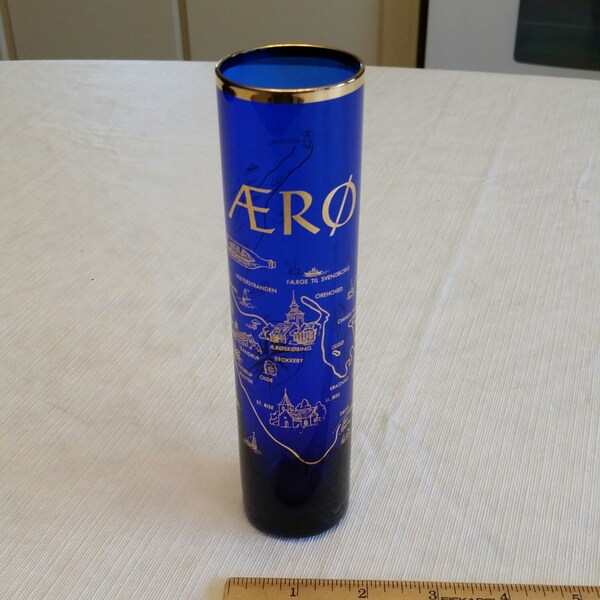 vintage denmark aero islands bud vase 7.5" - cobalt blue glass w/ gold trim - floral cylinder danish map advertising - art deco glassware