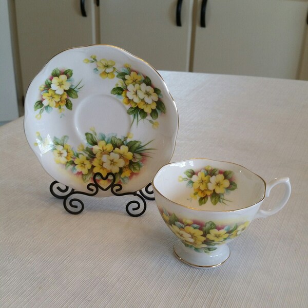 vintage royal albert demitasse teacup & saucer set 1980 's - yellow flowers primrose / buttercups - scalloped edges bone china floral art