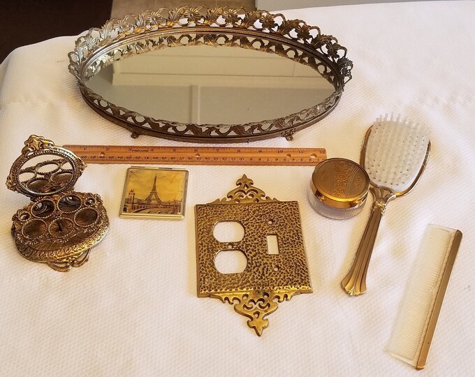 Vintage CELESTE Antique Brass Lipstick Holder With Mirror