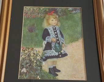 vintage little girl with watering can framed litho print signed renoir 15"x18" - lithograph wooden frame victorian portrait picture art