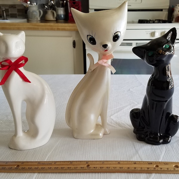 3 ceramic siamese cat statue figurines - black white & pearly satin - vintage 1960s feline figures art deco kitty animals sculpture