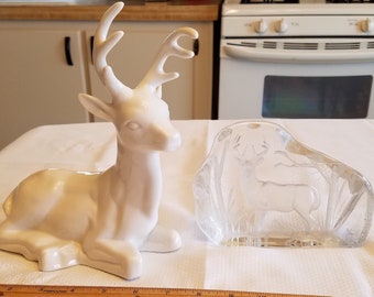 vintage buck deer collection glass lead crystal statue paperweight signed capredoni & white ceramic figurine made taiwan - sculpture hunting