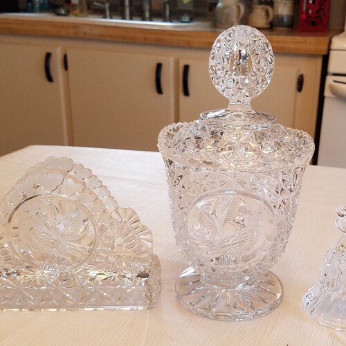 Hofbauer byrdes leaded glass crystal collection - candy dish bowl - napkin holder - bell - shops etched sawtooth glassware bleikristall germany