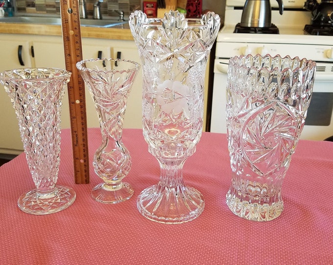4 Vintage Glass Crystal Vases Candle Holder Cut And Pressed 4-vintage-glass-crystal-vases-candle-holder-cut-and-pressed