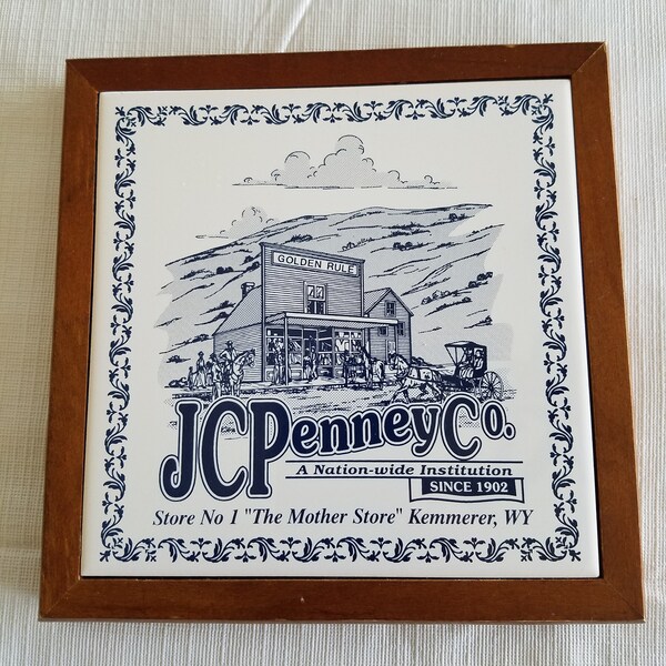 vintage j c penny kitchen trivet / wall plaque - kemmerer wy advertising mother store - jcpenny jcp ceramic wooden sign art print decor