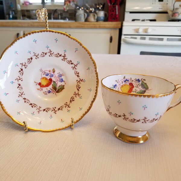 vintage tuscan teacup & saucer set 1950 s - beaded floral flower bone china made in england - victorian antique kitchen serving art deco