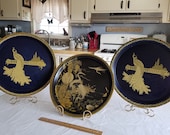3 antique 14 quot metal toleware serving trays - peacocks crane birds - blue and black colors w gold trim - art litho prints floral barware