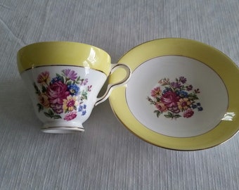 antique taylor & kent teacup saucer set 1940 's longton england - floral bouquet canary yellow rings #6847 - vintage art pottery flowers