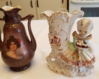 2 antique floral vases 1900s - sweet angel cornucopia & austria woman portrait - austrian victorian art deco double handle flowers pottery
