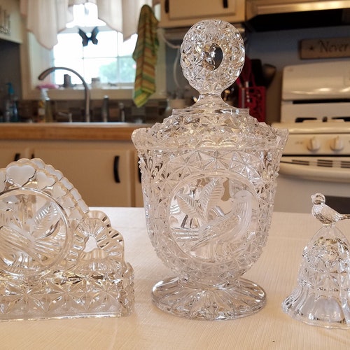 Hofbauer byrdes leaded glass crystal collection - candy dish bowl - napkin holder - bell - shops etched sawtooth glassware bleikristall germany