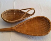 2 vintage wicker bamboo baskets w handles - oval teardrop shapes - fruit bread storage kitchen serving rattan woven decorative art craft