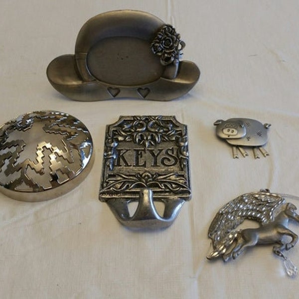 5 pewter & silvertone collection - pig brooch pin - spoontiques pegasus horse ornament - wall key holder - candle topper - picture frame