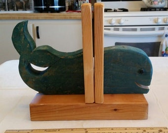 vintage wooden crafted whale fish bookends - wood book ends ocean nautical beach house rustic primitive art deco home decor fishing seaside