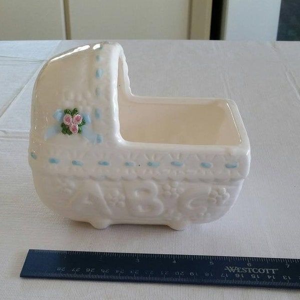 vintage ceramic baby bassinet buggy - abc white planter & storage container - floral newborn ob hospital newborn candy dish shower gift art